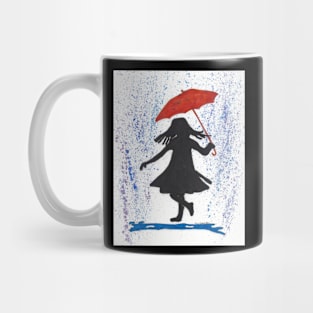 Playing in the Rain Watercolor Painting of Silhouette of Young Girl with Red Umbrella Mug